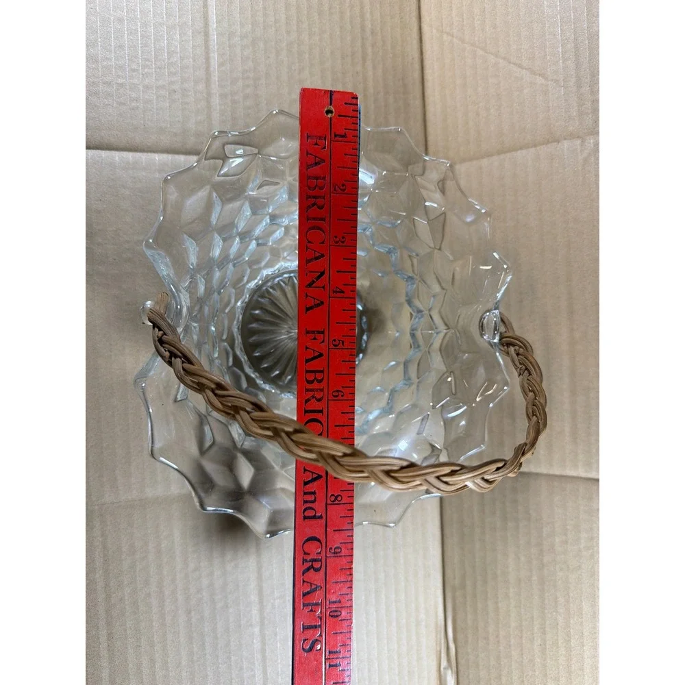 Rare Vintage Fostoria American Cube Glass Basket Wicker Handle Ruffled Rim